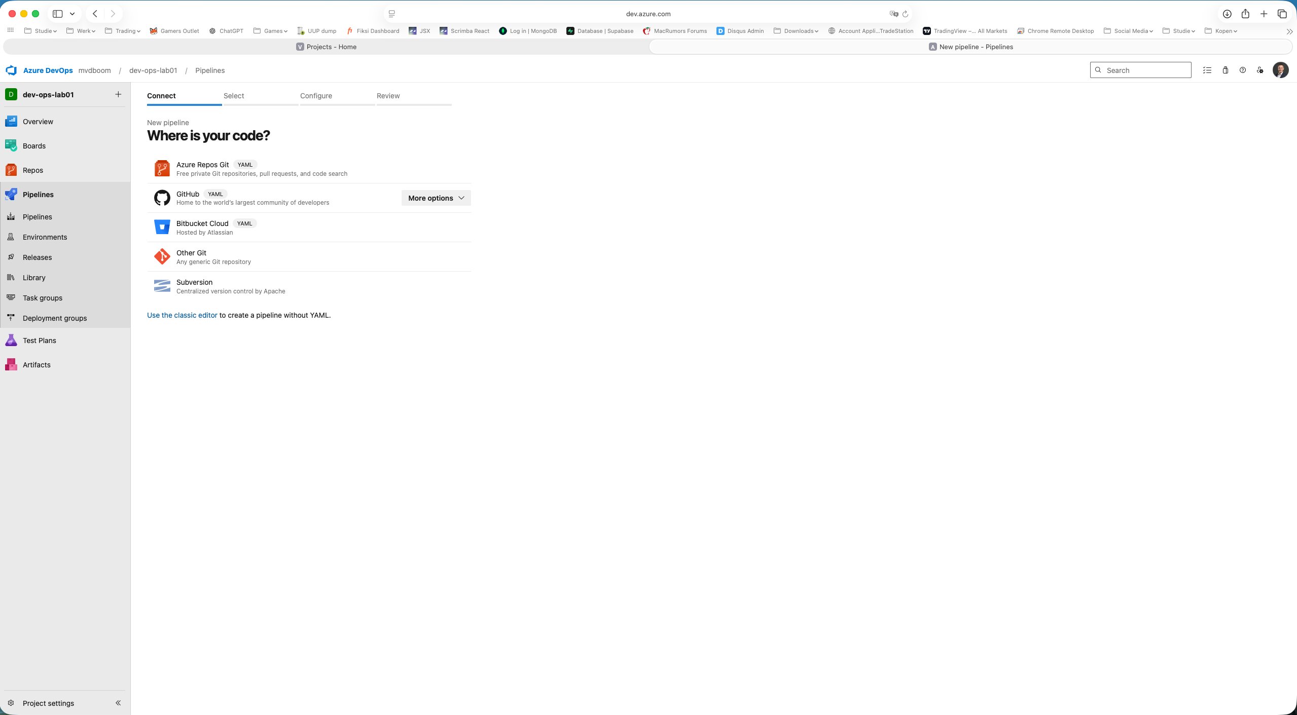 Assistant de pipeline étape 1 : sélection de la source