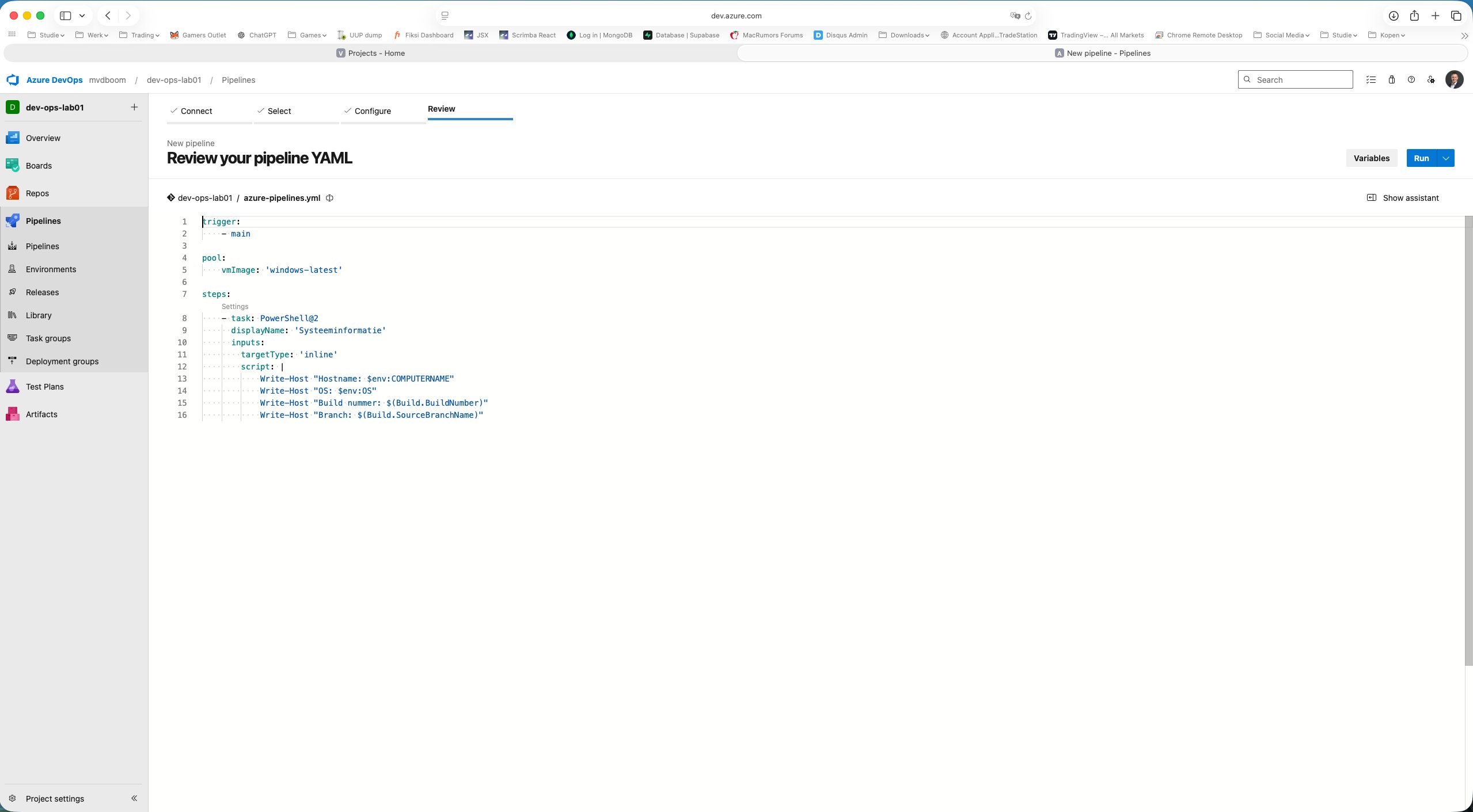 Étape 4 de l’assistant de pipeline : révision YAML avec le code existant