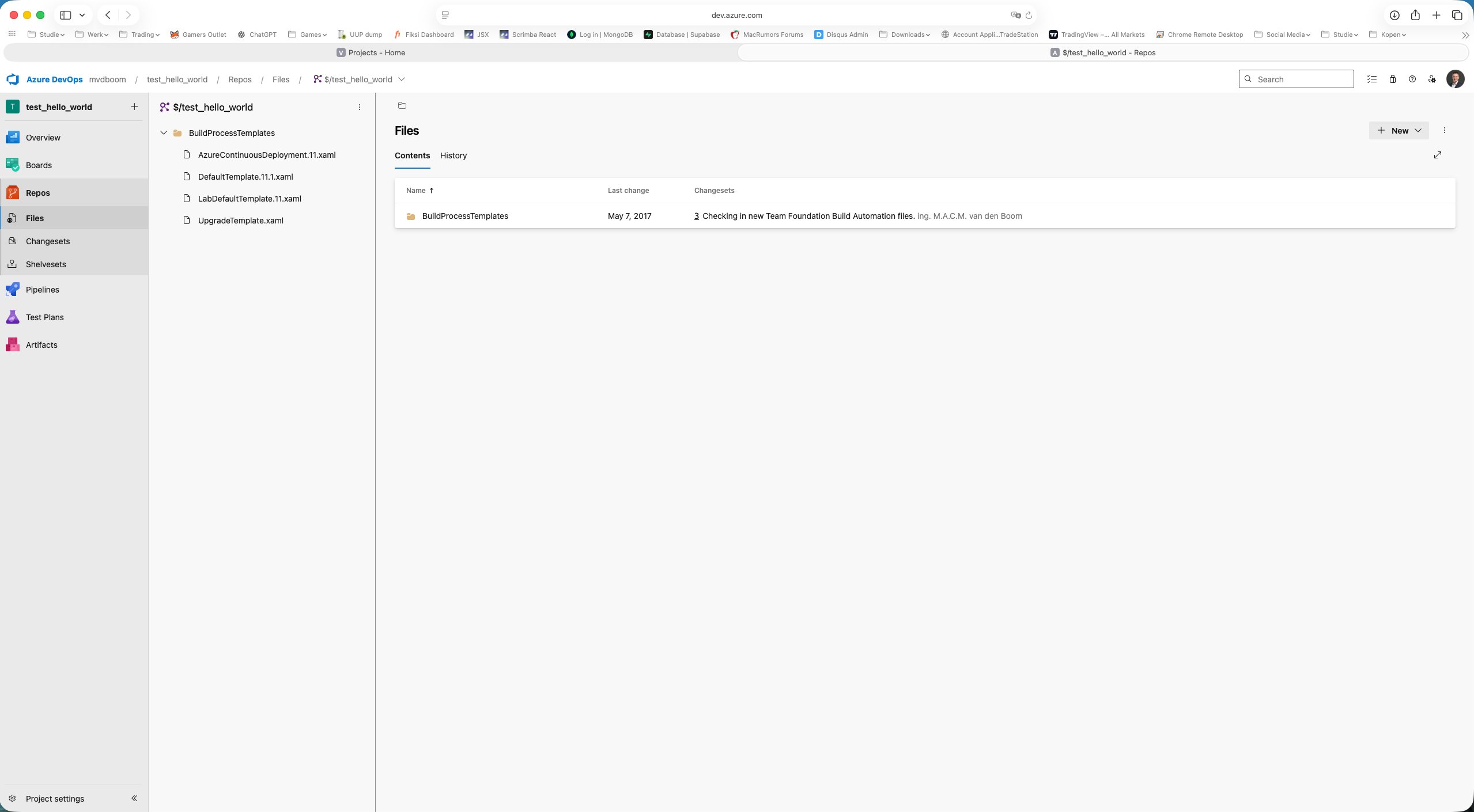 TFVC repo with dollar-sign path and changesets in the sidebar