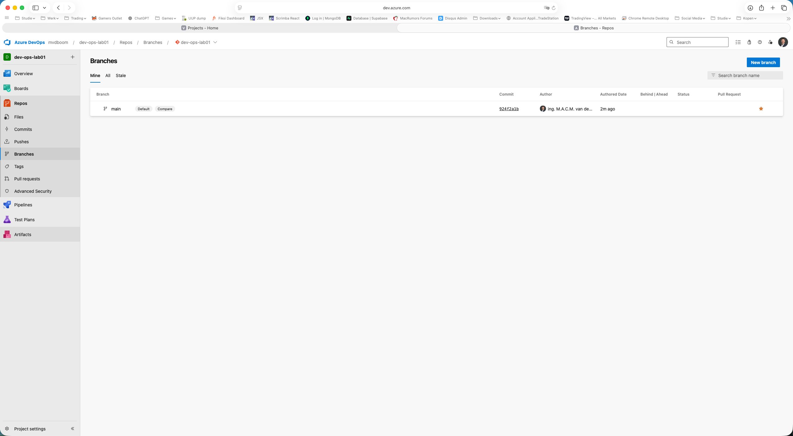 Branches overview with main as Default branch