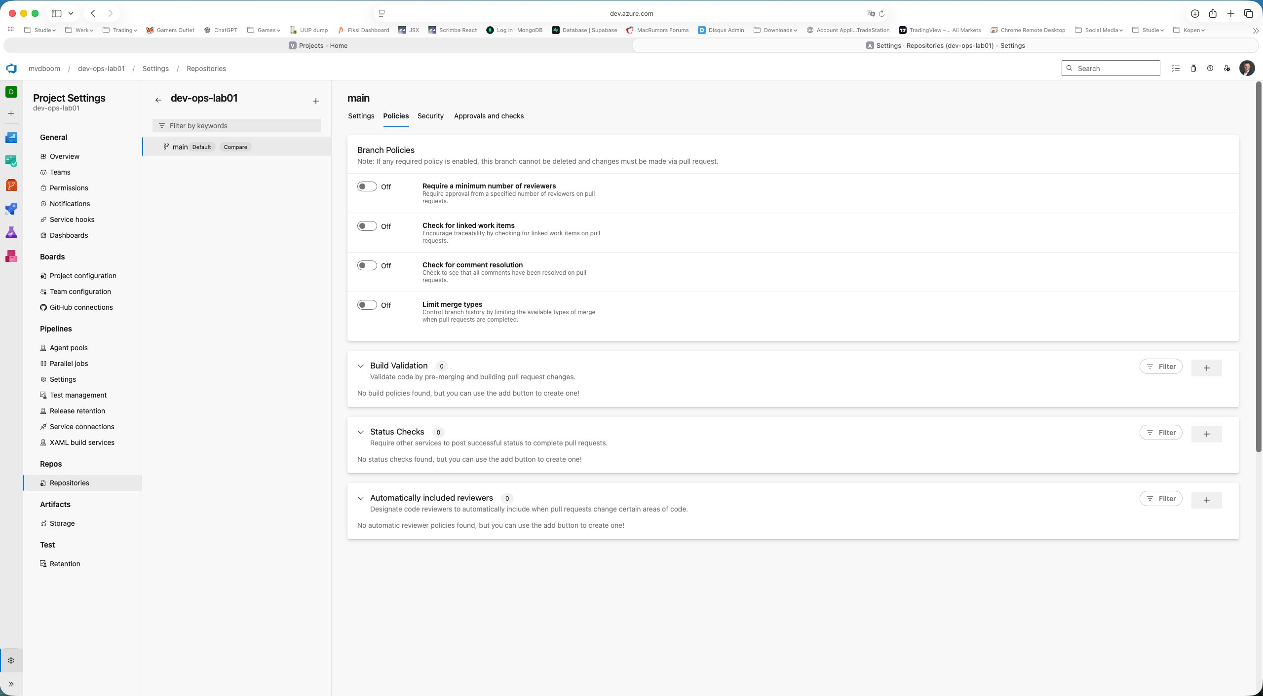 Branch policies page for main, all toggles off