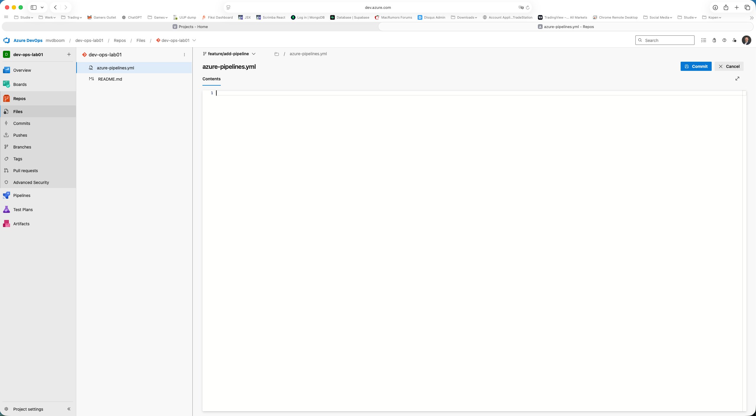 Empty file editor for azure-pipelines.yml