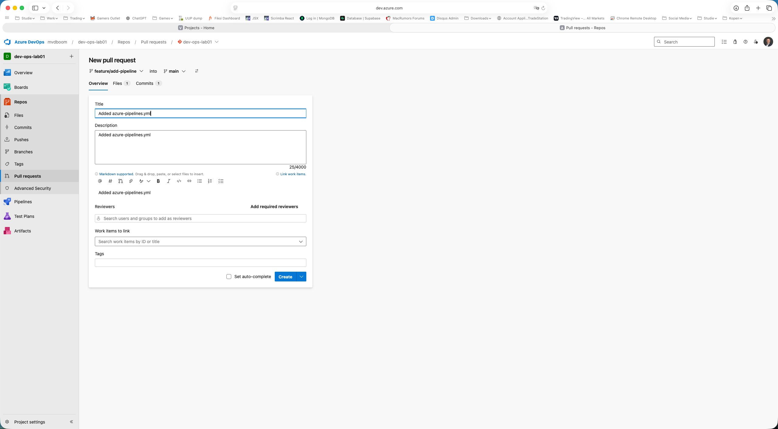 New PR form with title, description and reviewer fields