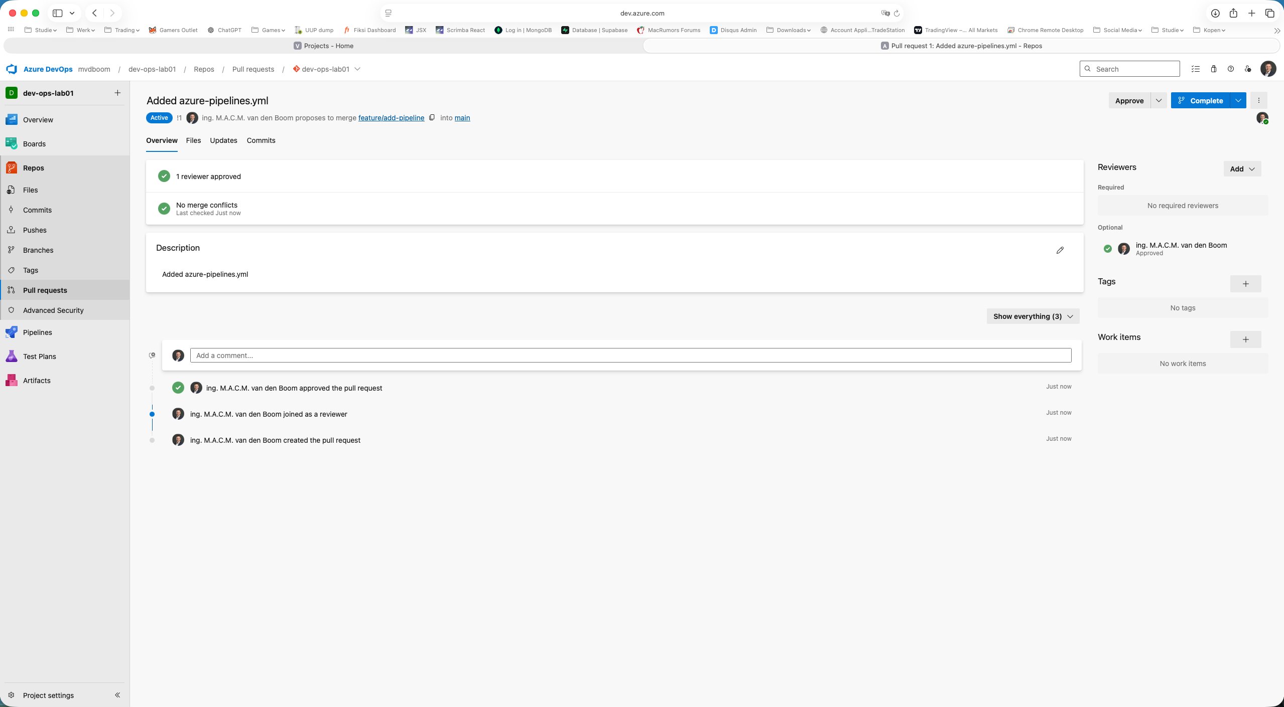 PR approved, both checks green, Complete button active