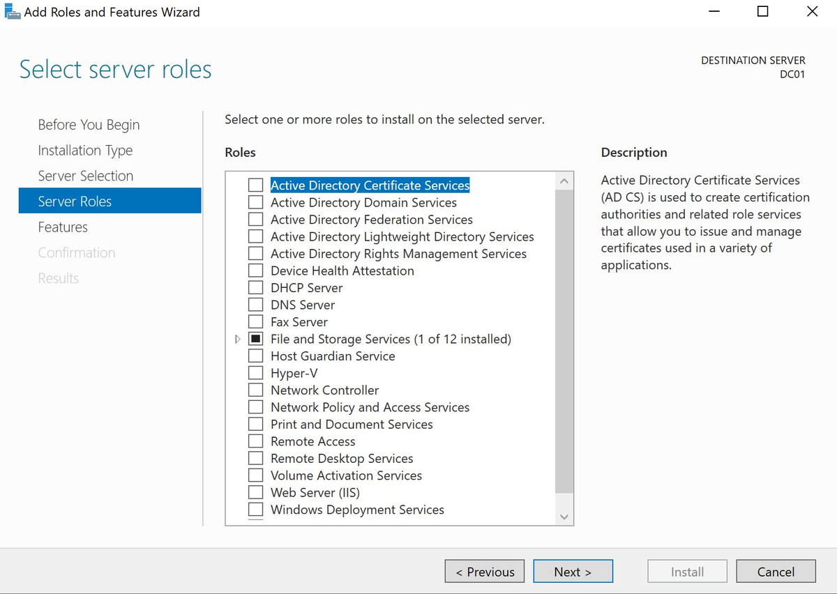 Server Roles — select AD DS