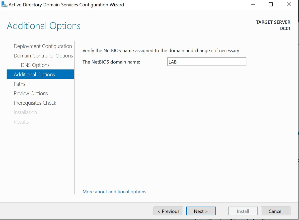 Additional Options — NetBIOS is LAB