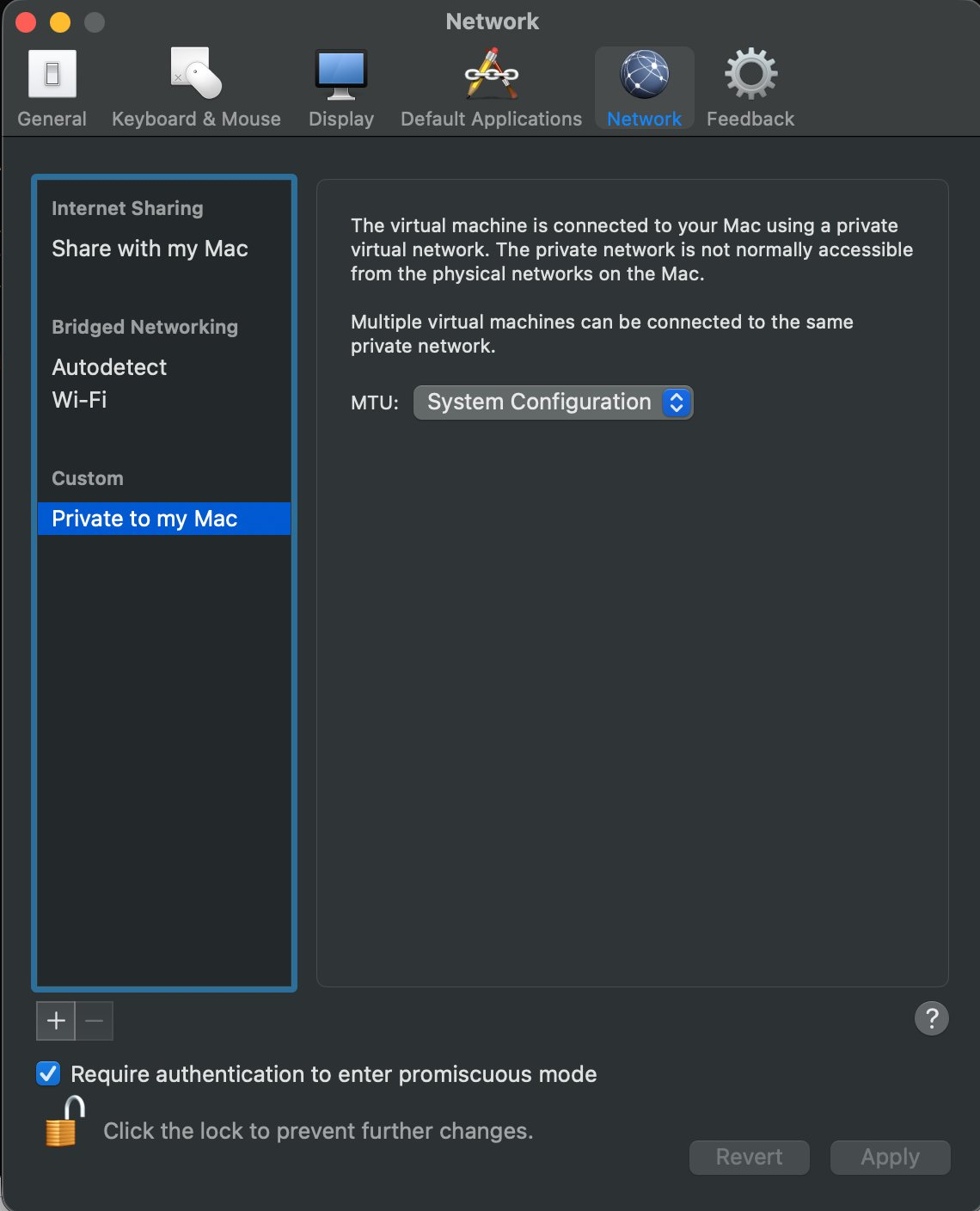 VMware Fusion network settings — Private to my Mac