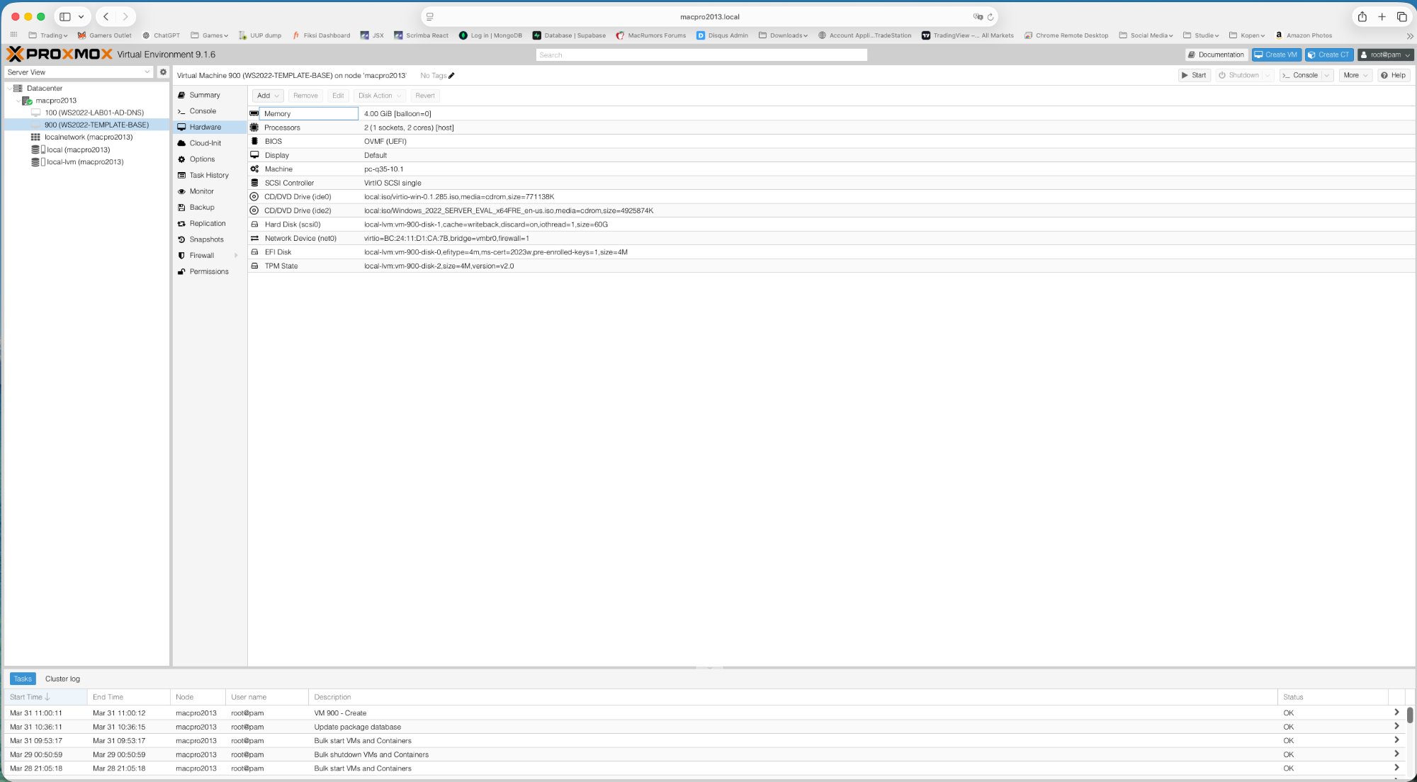 Proxmox Hardware tab VM 900 — correct configuration